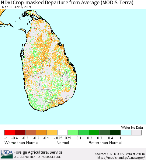 Sri Lanka NDVI Crop-masked Departure from Average (MODIS-Terra) Thematic Map For 4/1/2019 - 4/10/2019