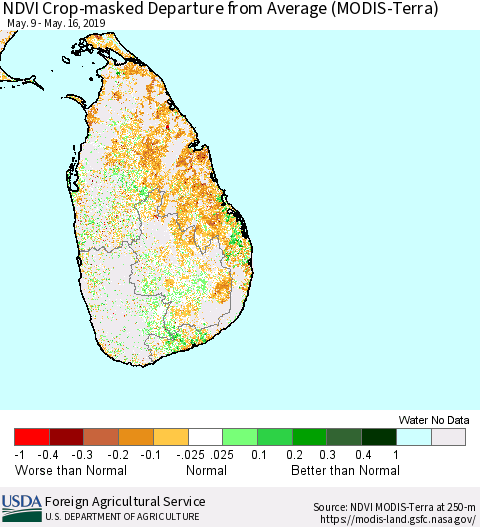 Sri Lanka Cropland NDVI Departure from Average (Terra-MODIS) Thematic Map For 5/11/2019 - 5/20/2019