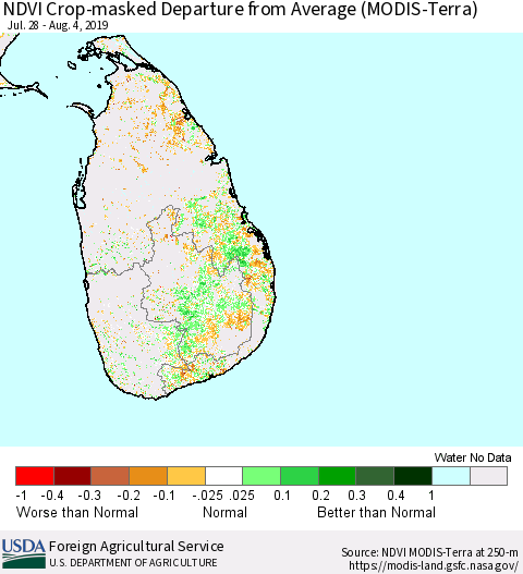Sri Lanka Cropland NDVI Departure from Average (Terra-MODIS) Thematic Map For 8/1/2019 - 8/10/2019