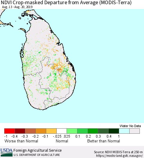 Sri Lanka Cropland NDVI Departure from Average (Terra-MODIS) Thematic Map For 8/11/2019 - 8/20/2019
