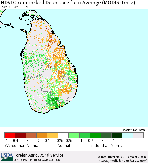 Sri Lanka Cropland NDVI Departure from Average (Terra-MODIS) Thematic Map For 9/11/2019 - 9/20/2019