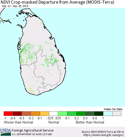 Sri Lanka Cropland NDVI Departure from Average (Terra-MODIS) Thematic Map For 9/21/2019 - 9/30/2019