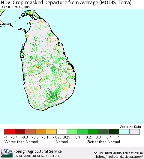 Sri Lanka Cropland NDVI Departure from Average (Terra-MODIS) Thematic Map For 10/11/2019 - 10/20/2019