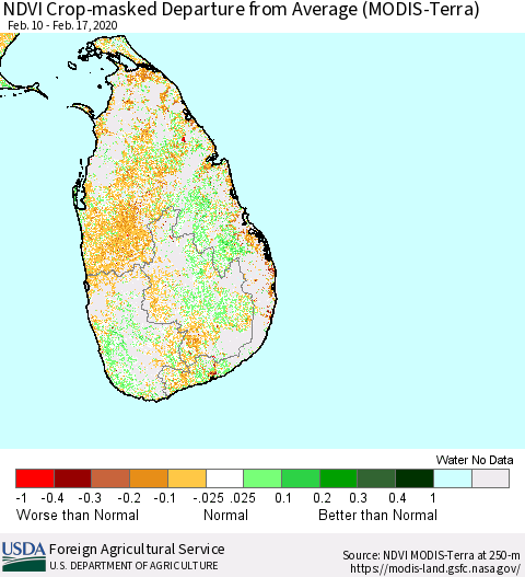 Sri Lanka Cropland NDVI Departure from Average (Terra-MODIS) Thematic Map For 2/11/2020 - 2/20/2020