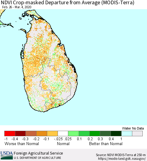 Sri Lanka Cropland NDVI Departure from Average (Terra-MODIS) Thematic Map For 3/1/2020 - 3/10/2020