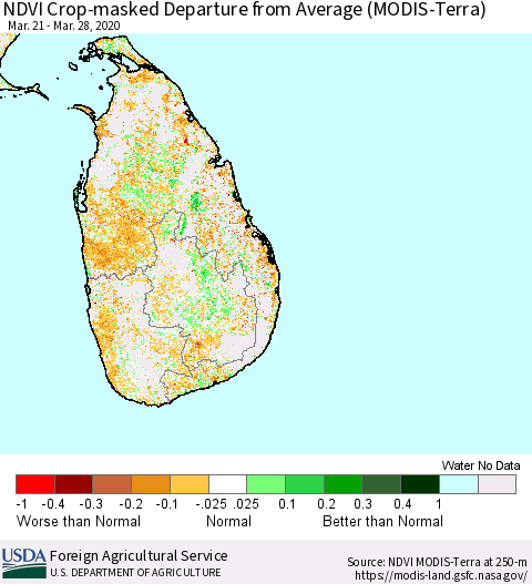 Sri Lanka Cropland NDVI Departure from Average (Terra-MODIS) Thematic Map For 3/21/2020 - 3/31/2020