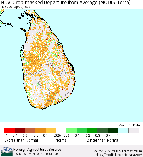 Sri Lanka Cropland NDVI Departure from Average (Terra-MODIS) Thematic Map For 4/1/2020 - 4/10/2020