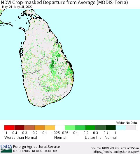 Sri Lanka Cropland NDVI Departure from Average (Terra-MODIS) Thematic Map For 5/21/2020 - 5/31/2020