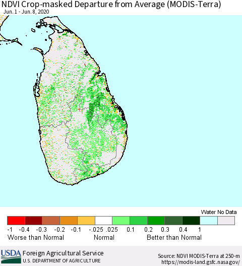 Sri Lanka Cropland NDVI Departure from Average (Terra-MODIS) Thematic Map For 6/1/2020 - 6/10/2020