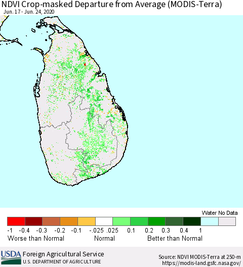 Sri Lanka Cropland NDVI Departure from Average (Terra-MODIS) Thematic Map For 6/21/2020 - 6/30/2020