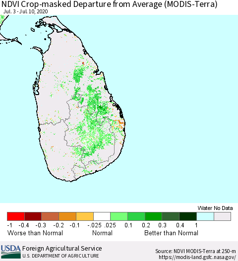 Sri Lanka Cropland NDVI Departure from Average (Terra-MODIS) Thematic Map For 7/1/2020 - 7/10/2020