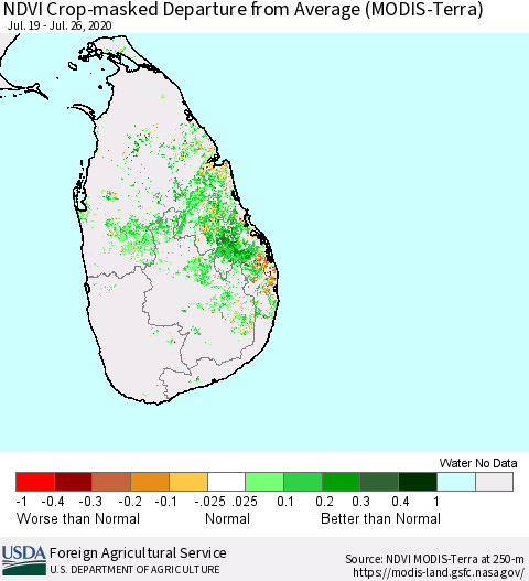 Sri Lanka Cropland NDVI Departure from Average (Terra-MODIS) Thematic Map For 7/21/2020 - 7/31/2020