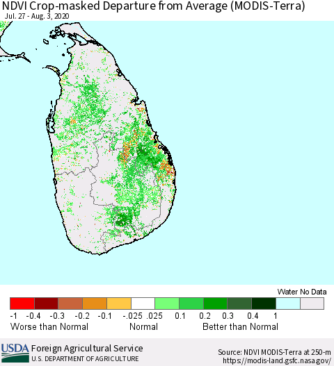Sri Lanka Cropland NDVI Departure from Average (Terra-MODIS) Thematic Map For 8/1/2020 - 8/10/2020