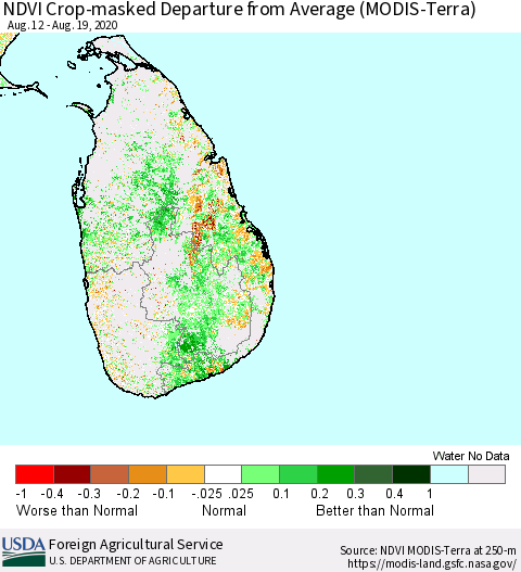 Sri Lanka Cropland NDVI Departure from Average (Terra-MODIS) Thematic Map For 8/11/2020 - 8/20/2020