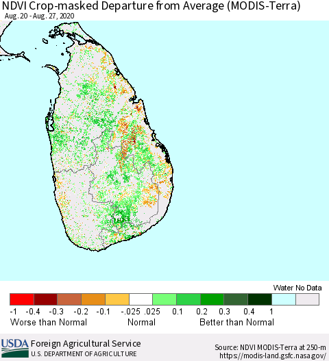 Sri Lanka Cropland NDVI Departure from Average (Terra-MODIS) Thematic Map For 8/21/2020 - 8/31/2020