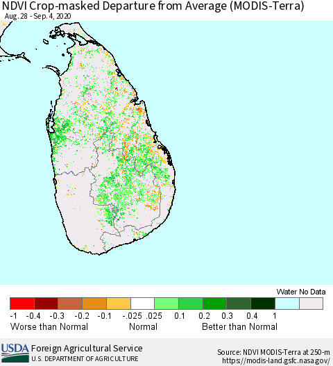 Sri Lanka Cropland NDVI Departure from Average (Terra-MODIS) Thematic Map For 9/1/2020 - 9/10/2020