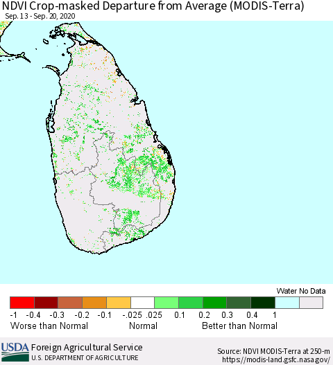 Sri Lanka Cropland NDVI Departure from Average (Terra-MODIS) Thematic Map For 9/11/2020 - 9/20/2020