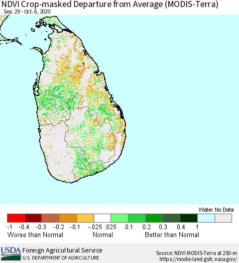 Sri Lanka Cropland NDVI Departure from Average (Terra-MODIS) Thematic Map For 10/1/2020 - 10/10/2020