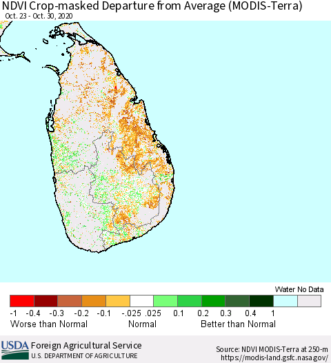 Sri Lanka NDVI Crop-masked Departure from Average (MODIS-Terra) Thematic Map For 10/21/2020 - 10/31/2020