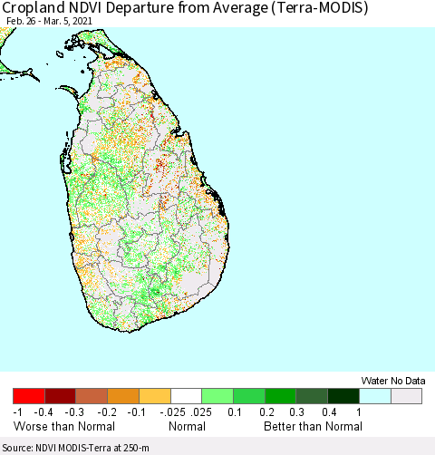 Sri Lanka Cropland NDVI Departure from Average (Terra-MODIS) Thematic Map For 2/26/2021 - 3/5/2021
