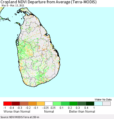 Sri Lanka Cropland NDVI Departure from Average (Terra-MODIS) Thematic Map For 3/6/2021 - 3/13/2021