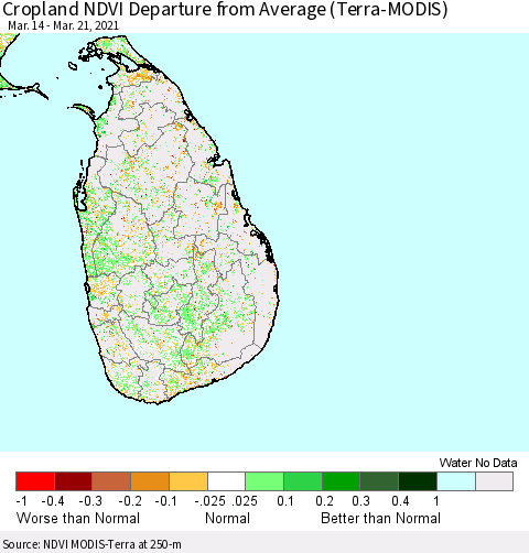 Sri Lanka Cropland NDVI Departure from Average (Terra-MODIS) Thematic Map For 3/14/2021 - 3/21/2021