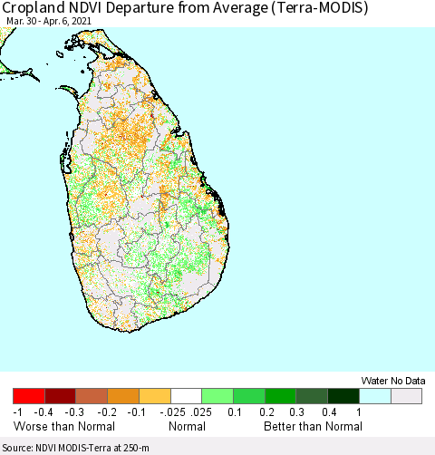 Sri Lanka Cropland NDVI Departure from Average (Terra-MODIS) Thematic Map For 3/30/2021 - 4/6/2021
