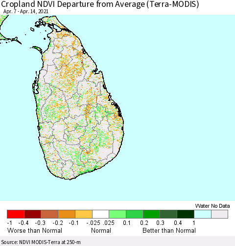 Sri Lanka Cropland NDVI Departure from Average (Terra-MODIS) Thematic Map For 4/7/2021 - 4/14/2021