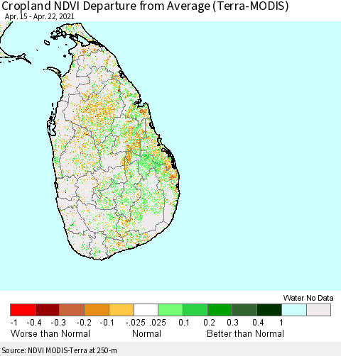 Sri Lanka Cropland NDVI Departure from Average (Terra-MODIS) Thematic Map For 4/15/2021 - 4/22/2021