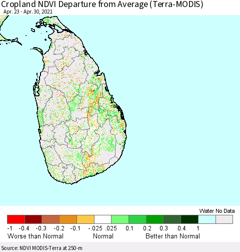 Sri Lanka Cropland NDVI Departure from Average (Terra-MODIS) Thematic Map For 4/21/2021 - 4/30/2021