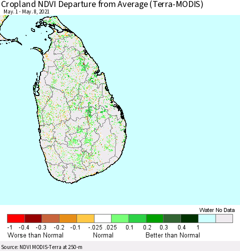 Sri Lanka Cropland NDVI Departure from Average (Terra-MODIS) Thematic Map For 5/1/2021 - 5/8/2021