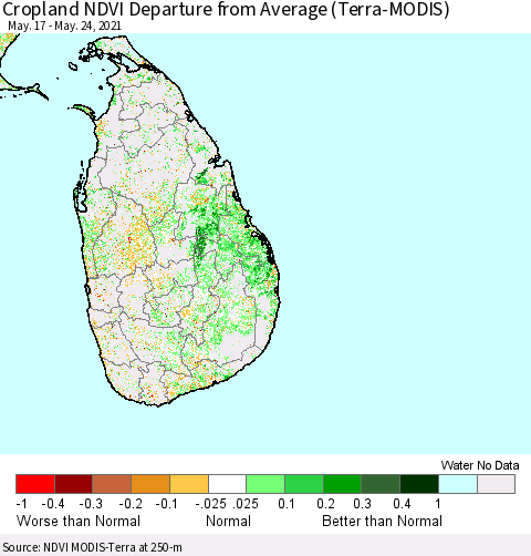 Sri Lanka Cropland NDVI Departure from Average (Terra-MODIS) Thematic Map For 5/17/2021 - 5/24/2021