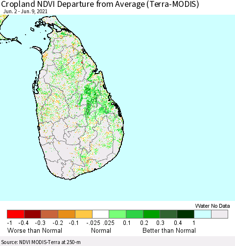 Sri Lanka Cropland NDVI Departure from Average (Terra-MODIS) Thematic Map For 6/2/2021 - 6/9/2021