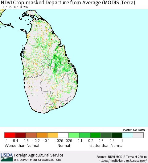 Sri Lanka Cropland NDVI Departure from Average (Terra-MODIS) Thematic Map For 6/1/2021 - 6/10/2021