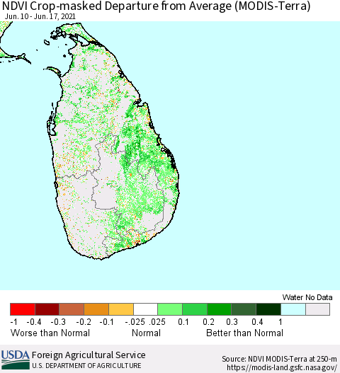 Sri Lanka Cropland NDVI Departure from Average (Terra-MODIS) Thematic Map For 6/11/2021 - 6/20/2021