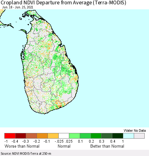 Sri Lanka Cropland NDVI Departure from Average (Terra-MODIS) Thematic Map For 6/18/2021 - 6/25/2021