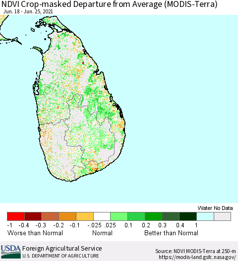 Sri Lanka Cropland NDVI Departure from Average (Terra-MODIS) Thematic Map For 6/21/2021 - 6/30/2021