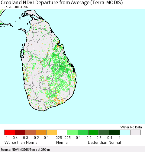 Sri Lanka Cropland NDVI Departure from Average (Terra-MODIS) Thematic Map For 6/26/2021 - 7/3/2021