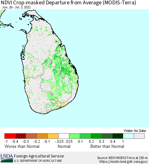 Sri Lanka Cropland NDVI Departure from Average (Terra-MODIS) Thematic Map For 7/1/2021 - 7/10/2021