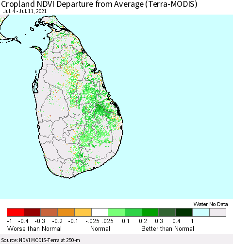 Sri Lanka Cropland NDVI Departure from Average (Terra-MODIS) Thematic Map For 7/4/2021 - 7/11/2021