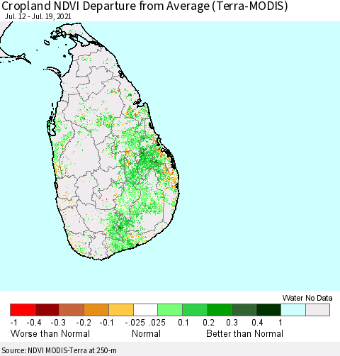 Sri Lanka Cropland NDVI Departure from Average (Terra-MODIS) Thematic Map For 7/12/2021 - 7/19/2021