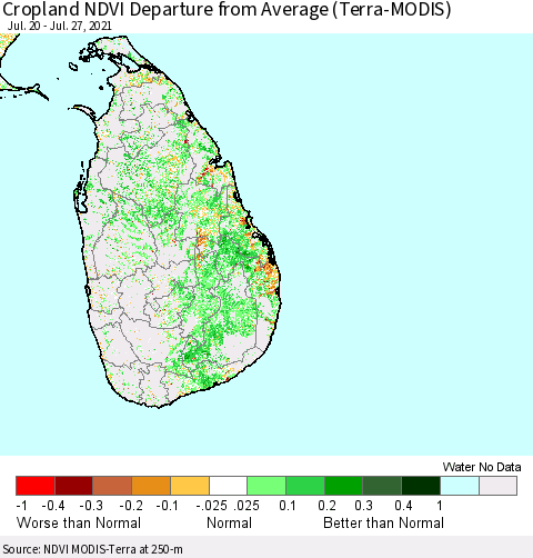 Sri Lanka Cropland NDVI Departure from Average (Terra-MODIS) Thematic Map For 7/20/2021 - 7/27/2021