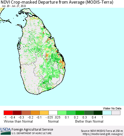 Sri Lanka Cropland NDVI Departure from Average (Terra-MODIS) Thematic Map For 7/21/2021 - 7/31/2021