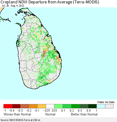 Sri Lanka Cropland NDVI Departure from Average (Terra-MODIS) Thematic Map For 7/28/2021 - 8/4/2021