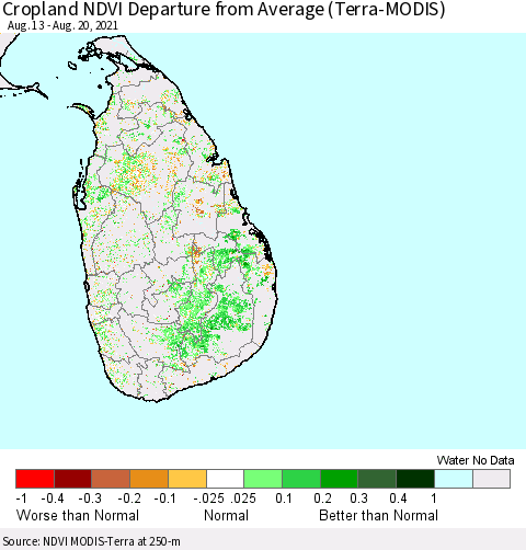 Sri Lanka Cropland NDVI Departure from Average (Terra-MODIS) Thematic Map For 8/13/2021 - 8/20/2021