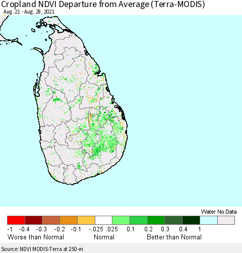 Sri Lanka Cropland NDVI Departure from Average (Terra-MODIS) Thematic Map For 8/21/2021 - 8/28/2021