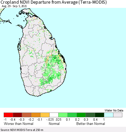 Sri Lanka Cropland NDVI Departure from Average (Terra-MODIS) Thematic Map For 8/29/2021 - 9/5/2021