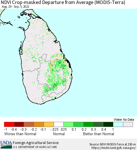 Sri Lanka Cropland NDVI Departure from Average (Terra-MODIS) Thematic Map For 9/1/2021 - 9/10/2021