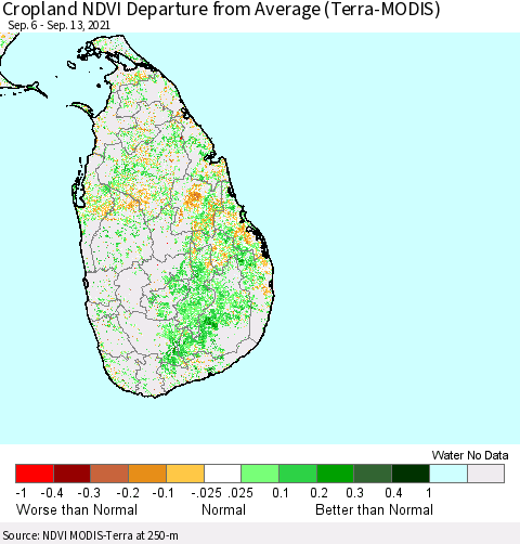 Sri Lanka Cropland NDVI Departure from Average (Terra-MODIS) Thematic Map For 9/6/2021 - 9/13/2021