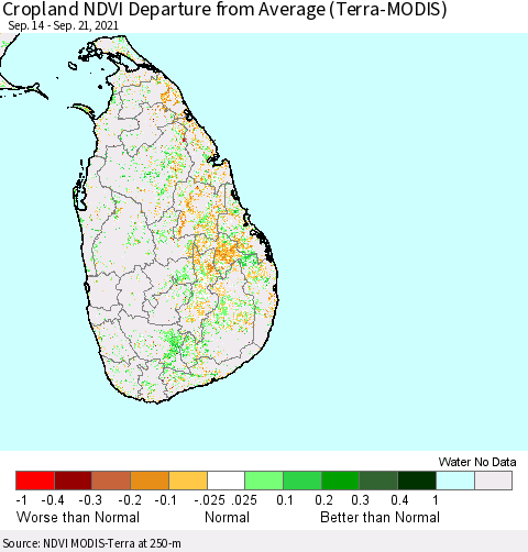 Sri Lanka Cropland NDVI Departure from Average (Terra-MODIS) Thematic Map For 9/14/2021 - 9/21/2021